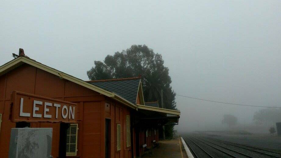The Leeton train station is surrounded by fog.