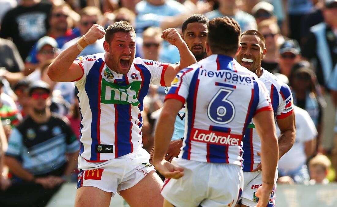 TRY: Joe Wardle celebrates his first try in the NRL.