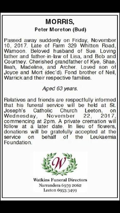 Leeton legend Peter ‘Bud’ Morris to be farewelled on Wednesday