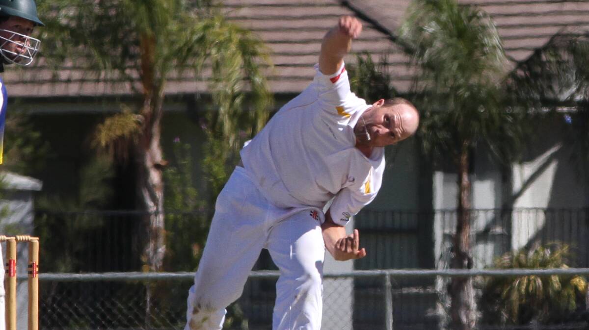 GOOD NUT: Rohan Rehwinkel rips one down the pitch in the A grade final against Leeton & District Cricket Club at Mark Taylor Oval over the weekend.