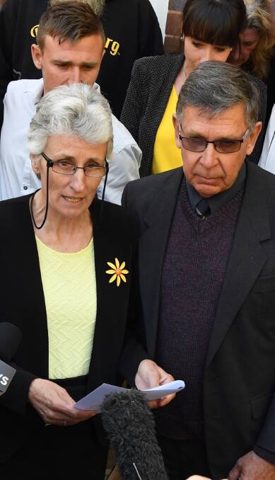 RELIEF: Stephanie Scott's parents Merrilyn and Bob Scott spoke in front of media following Vincent Stanford's sentencing at Griffith on Thursday.