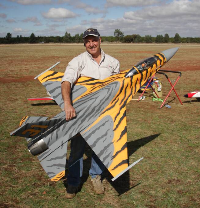 ACTION: Philip Rossi with his  F-16 Skymaster powered by a JetCat 80 at Brobenah Aerodrome on Saturday. Photo: Ron Arel 