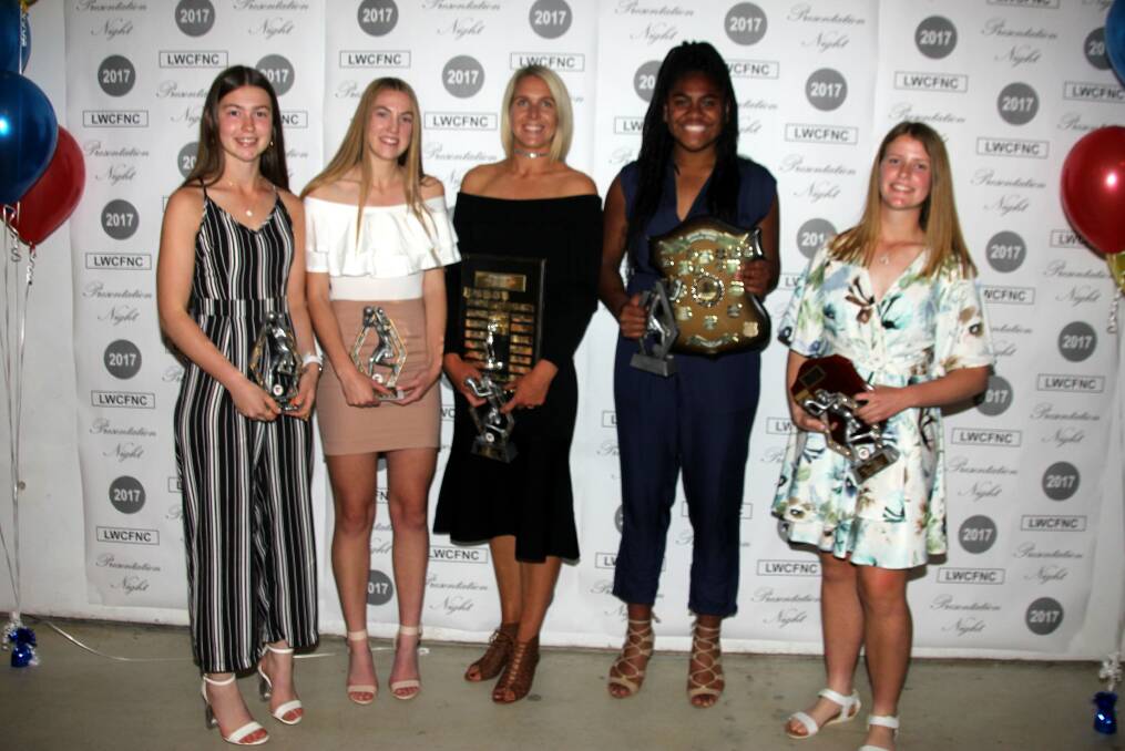 WELL DONE: Best and fairest winners were April Schmetzer (C grade),Carley Graham (B grade), Caryn Deaton (A grade), Grace Korovata (A reserve) and Jane Rhodes (under 17s). Photo: Contributed 