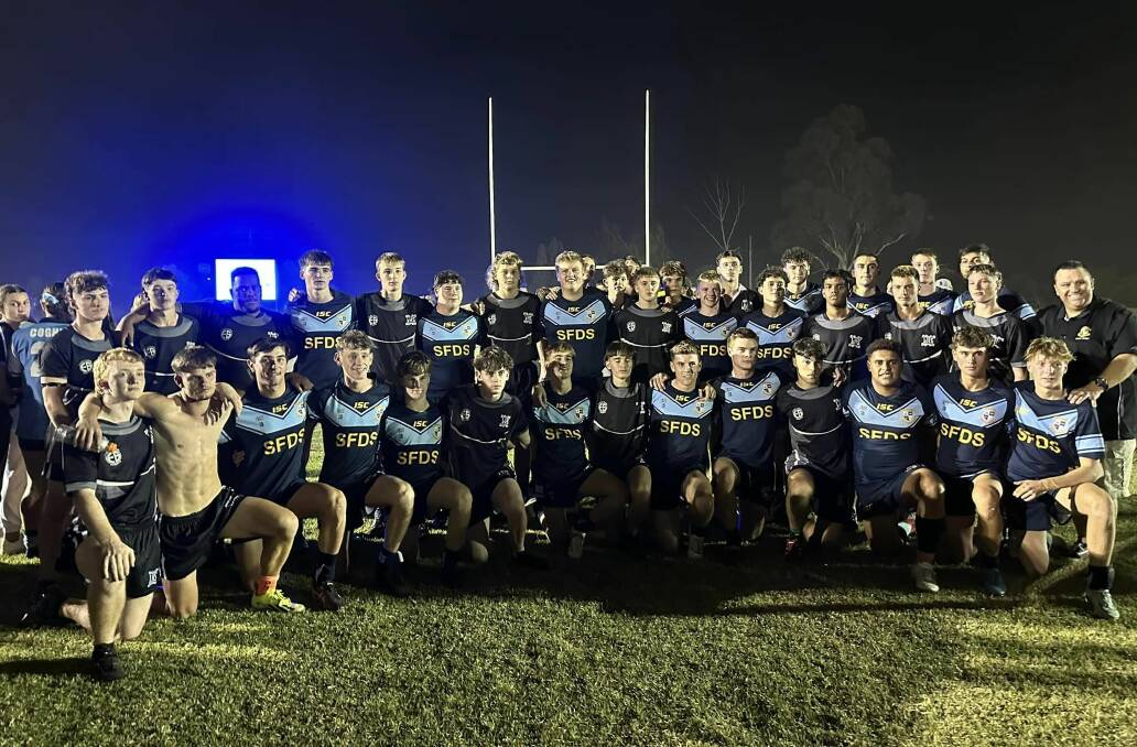 The St Francis College and Leeton High School Dave Sheldrick Shield sides come together after their match. Picture supplied