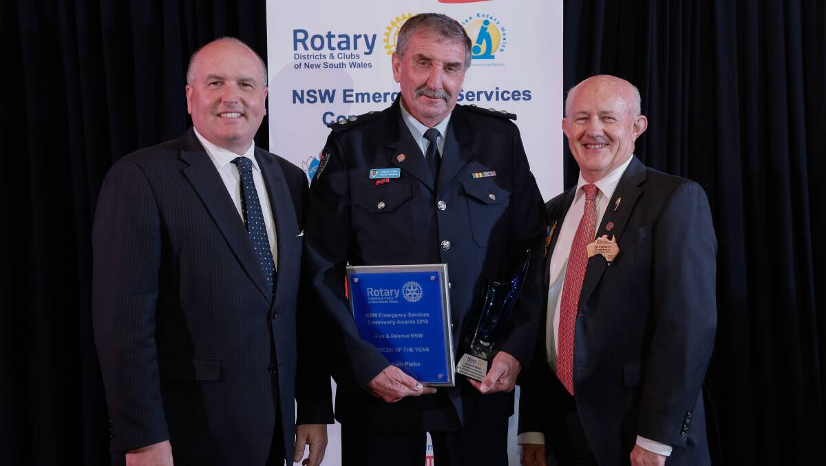 TOP: Captain Graham Parks (middle) with Emergency Services Minister David Elliott (left) and  Rotary 9675 district governor Stephen Humphreys. 
