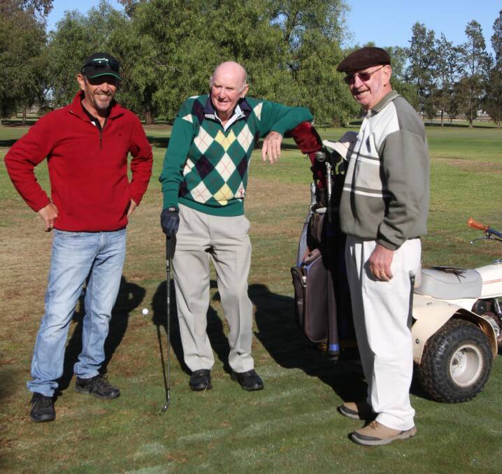 WAYNE Humphrey, Barry Irvine and Peter Kelly at the Leeton golf course last week. 