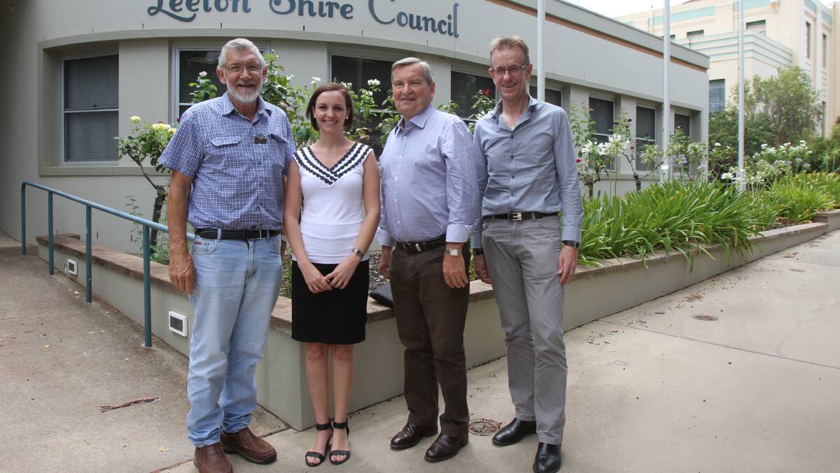 HERE TO HELP: MDBA regional engagement officer Liz Stott (second from right) with Leeton mayor Paul Maytom, chairman Neil Andrew and chief executive officer Phillip Glyde.