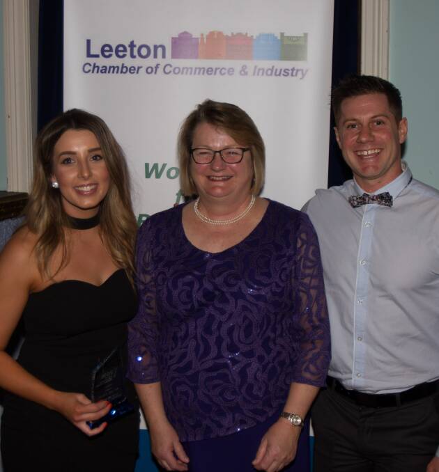 TOP: Tessa Errey, Gillian Kirkup and Sean Browning at the recent Leeton Outstanding Business Awards at the Roxy Theatre. Photo: Ron Arel 