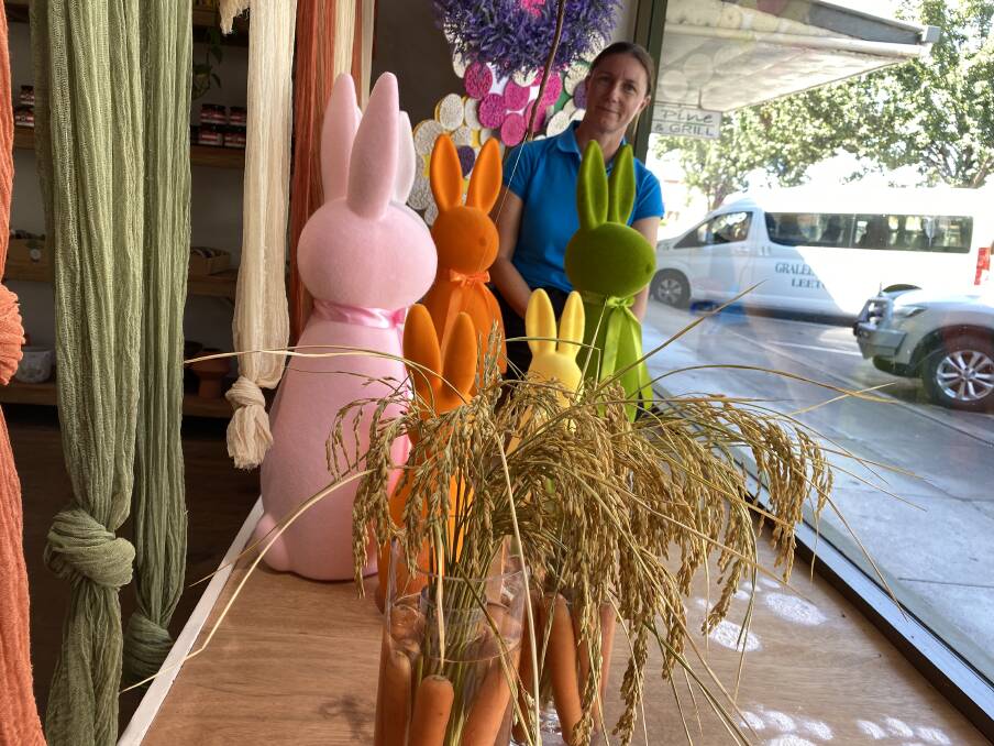 Leeton SunRice Festival director Julie Axtill with the Olive & Thistle window display heading into the festival long weekend. Picture by Talia Pattison 