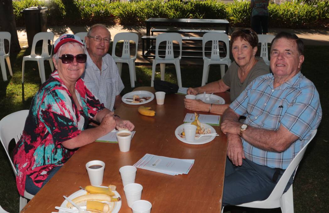 BREAKY SMILES: Ethel Rafferty, David and Thelma Carn and Tom Hopkins start their Australia Day off with a full breakfast. Photo: Ron Arel