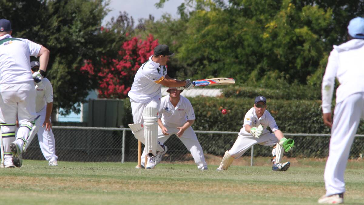 HEDDITCH CUP BLUES: Leeton's Jordan Camm tries to find the gap in Hillston's armour with a shot past the wicketkeeper on Sunday. Photo: Ron Arel