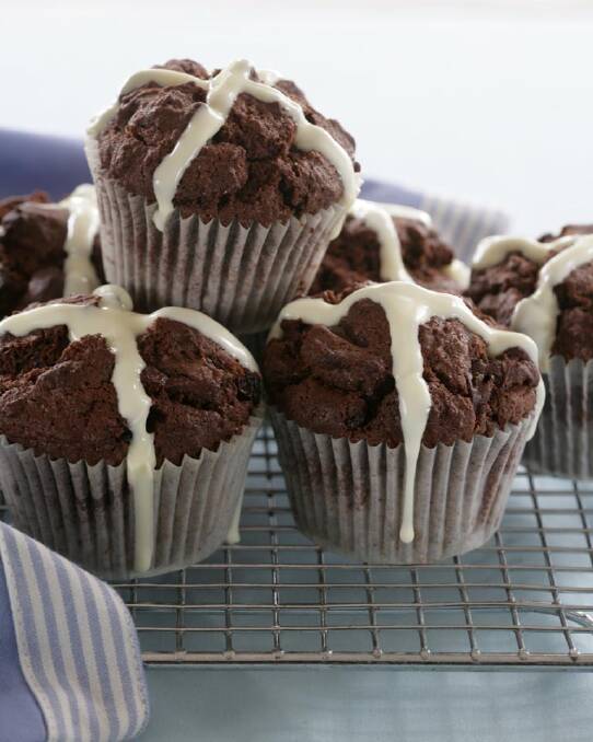 Hot cross chocolate muffins by Jeremy and Jane Strode <a href="http://www.goodfood.com.au/good-food/cook/recipe/hotcross-chocolate-muffins-20121123-29wjg.html?aggregate=513278">(recipe here).</a> Photo: Natalie Boog