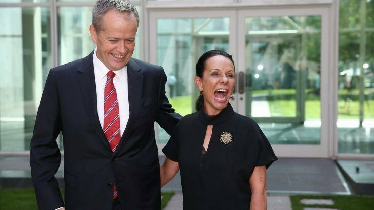 Bill Shorten poses for photos with Deputy Leader of the NSW Opposition Linda Burney -  the Indigenous woman will contest the Sydney seat of Barton.  Photo: Alex Ellinghausen