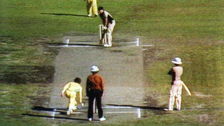Trevor Chappell bowls the infamous underarm ball at the MCG on February 1, 1981. Photo: Channel Nine News