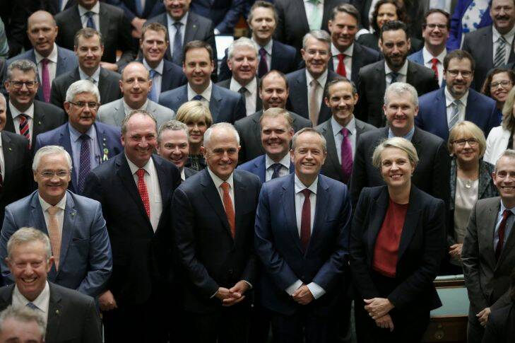 Prime Minister Malcolm Turnbull and Opposition Leader Bill Shorten poses for a photograph with all members if the House prior to question time at Parliament House Canberra on Tuesday 20 June 2017. Photo: Andrew Meares 