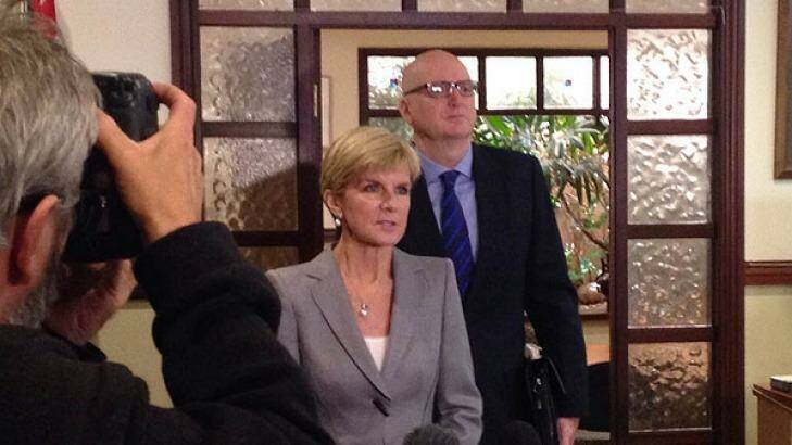 Foreign Minister Julie Bishop with Australia's ambassador to Indonesia, Paul Grigson, in Perth on Monday. Photo: James Mooney 