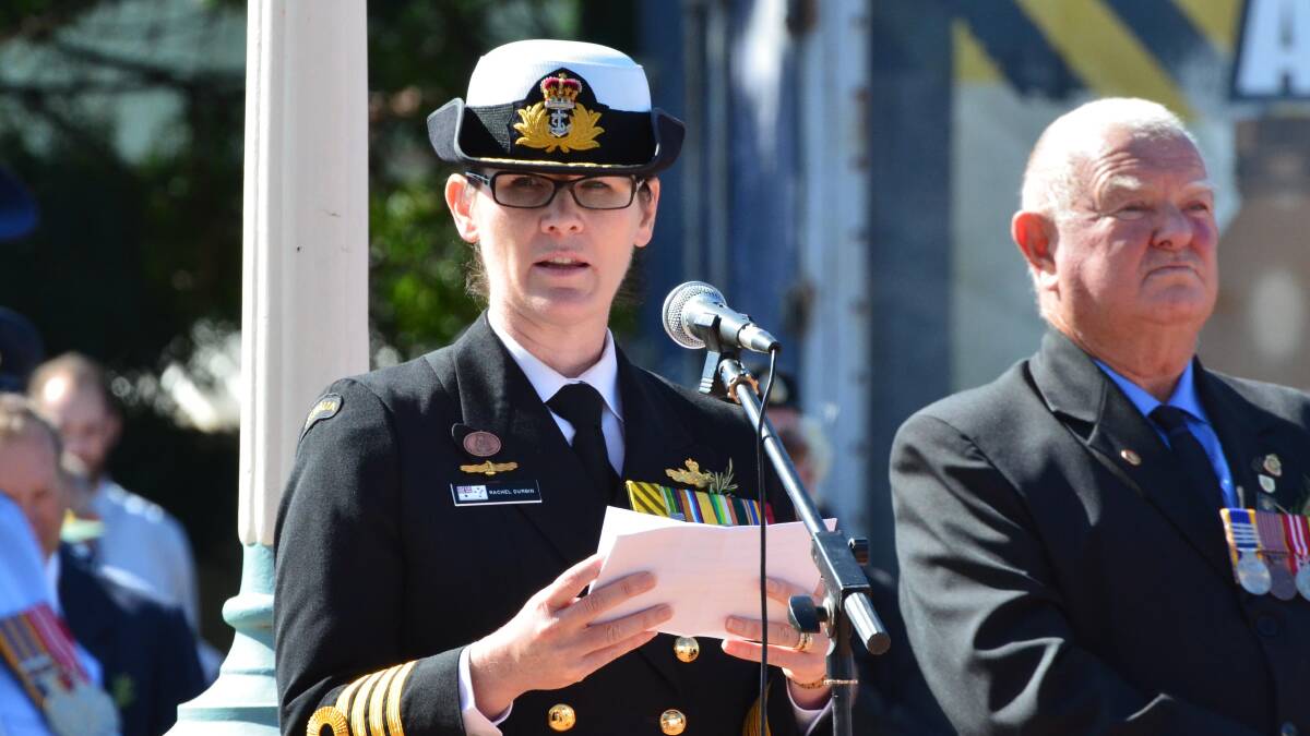 Anzac Day in Junee. Guest speaker Captain Rachael Durbin of the Royal Australian Navy  and Junee RSL sub-branch vice president Les Haywood. Picture: Declan Rurenga 