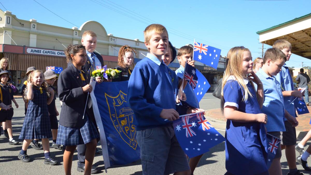 Anzac Day in Junee. Junee North Public and Junee Public students marching. Picture: Declan Rurenga 
