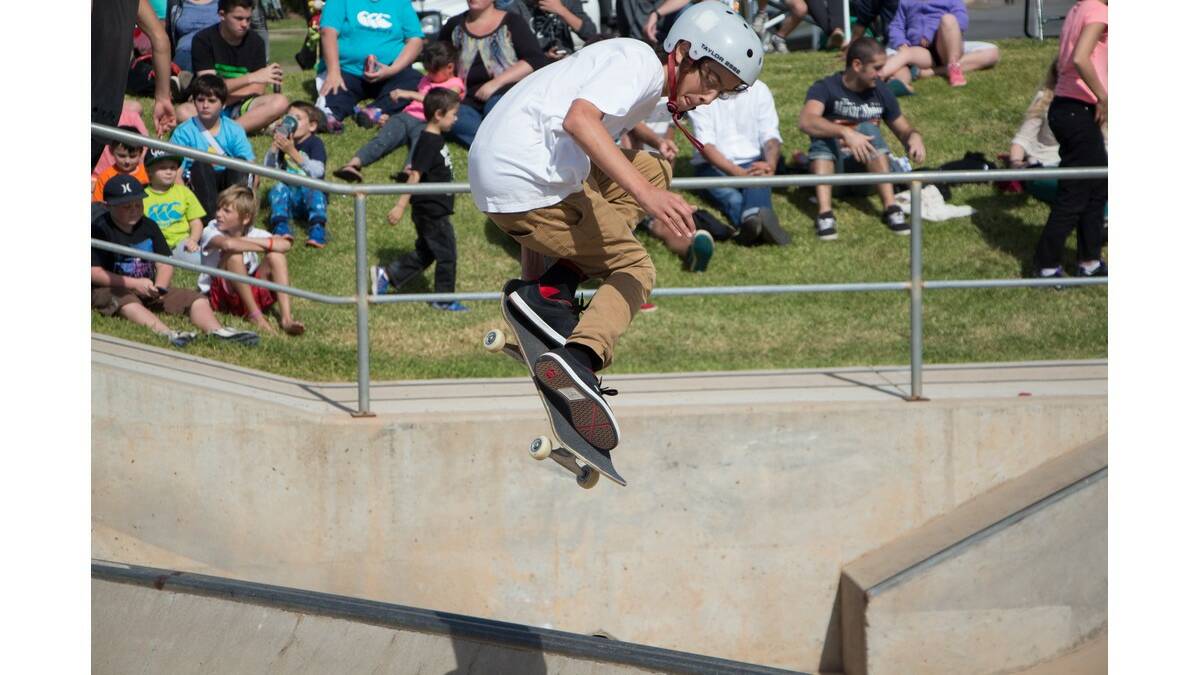 WINNER of the open skate category Ryan Helm gets some air during competition at the Riverina Skate Championships.