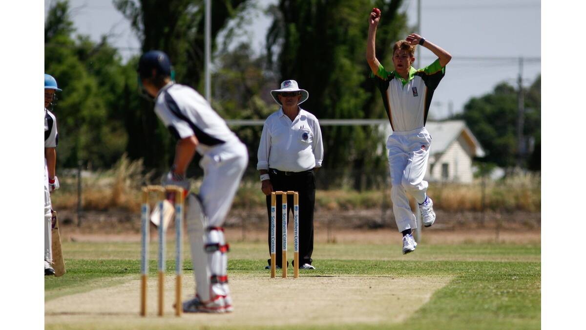 LEETON'S Danyan Evans sends down a delivery against Wagga in the Warren Smith Cup.