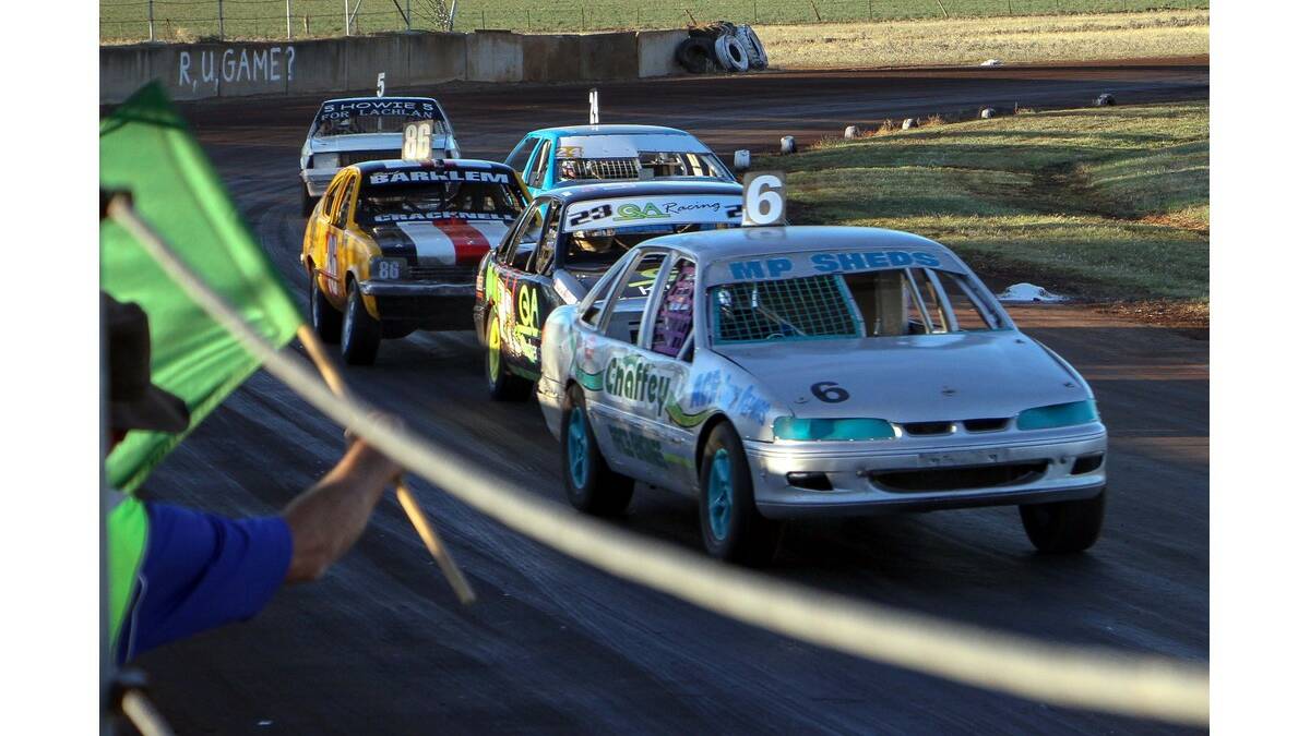 LEETON'S Mick Pettit gets the green flag to restart on his way to his first win in 25 years in the Goulburn Ovens sedans at Brobenah Speedway on Saturday night.