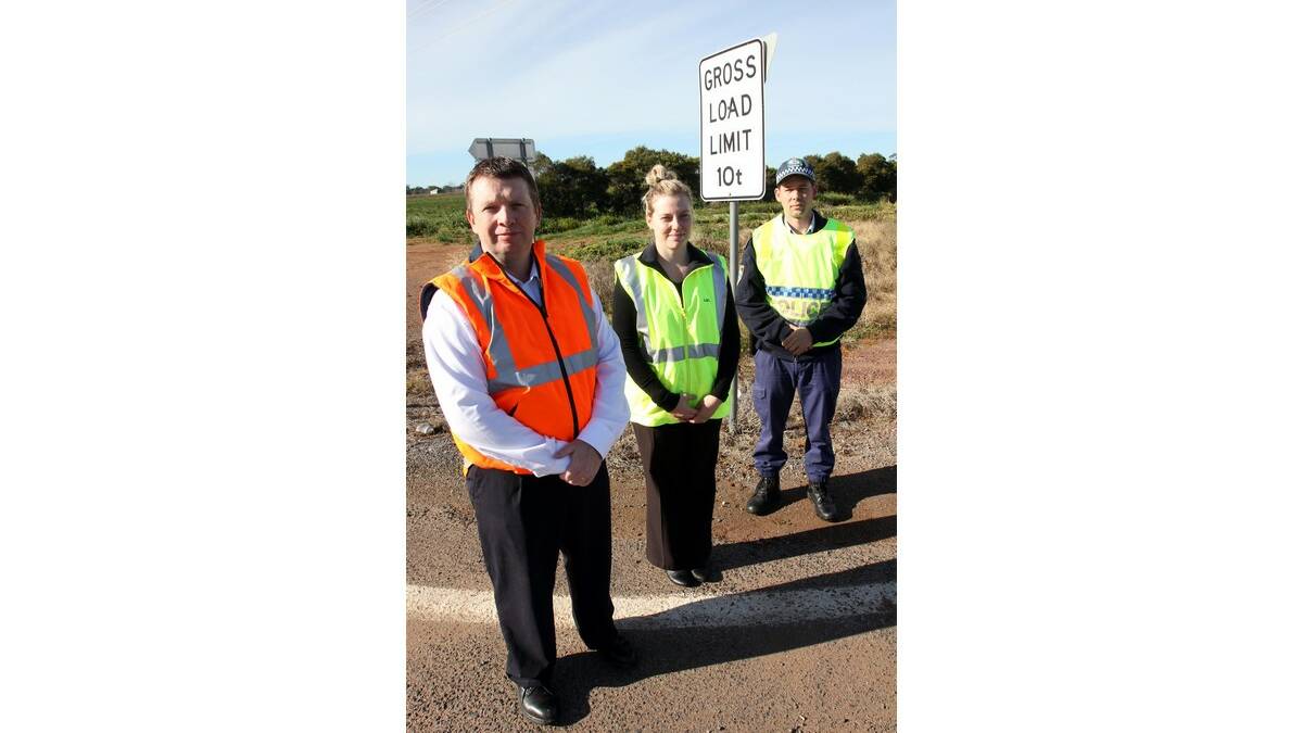 HEAVY vehicle drivers have been warned about what roads they can and cannot travel on by (from left) Leeton Shire Council director engineering and technical services Barry Heins, road safety and traffic officer Stephanie Puntoriero and highway patrol officer Sergeant Steven Pidgeon.