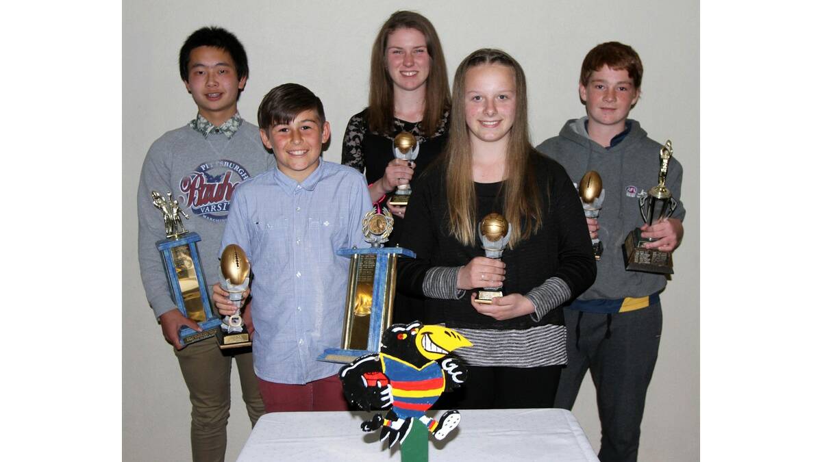 JUNIOR Crows best and fairest winners for 2014 were (from left) Nathan Tang (under 15s), Hunter Booth (under 11s) Michela Salafia (under 15s), Kendal Young (under 13s) and Angus Boulton (under 13s).