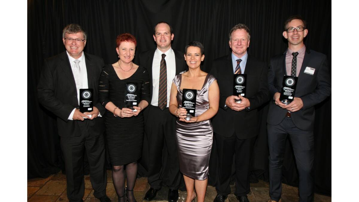 LEETON shire's winners were grinners at the Murray-Riverina Business Awards (from left) Grain Link managing director Paul Pearsall, Southern Cotton general manager Kate O'Callaghan, Murray-Riverina NSW Business Chamber regional manager Ben Foley, Sauce Communications director Liane Sayer-Roberts, SunRice deputy chairman Noel Graham and McDonald's Leeton franchisee Brad Carroll.
