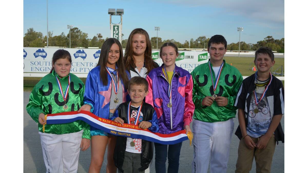 LEETON Mini Trotting Club drivers (from left) Nikkita Smith, Danika Stevens, Hannah Pitt, Jed Driscoll (front), Siarne Deeves, Dylan Smith and Ryan Pitt after racing at the show.