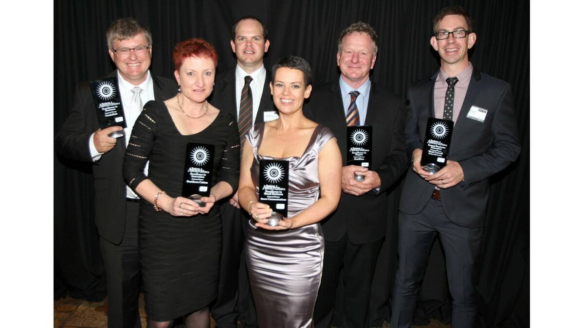 LEETON shire's winners were grinners at the Murray-Riverina Business Awards (from left) Grain Link managing director Paul Pearsall, Southern Cotton general manager Kate O'Callaghan, Murray-Riverina NSW Business Chamber regional manager Ben Foley, Sauce Communications director Liane Sayer-Roberts, SunRcce deputy Chairman Noel Graham and McDonald's Leeton franchisee Brad Carroll. 