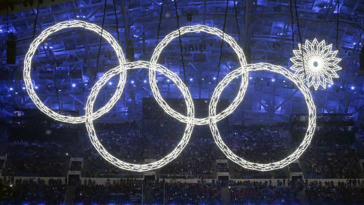One of the rings forming the Olympic Rings fails to open during the opening ceremony of the 2014 Winter Olympics. Photo: Mark Humphrey