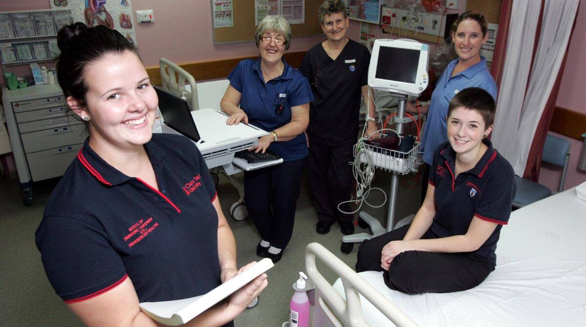 PREPARING for International Nurses Day this week were CSU Wagga registered nursing students Rachael Tyndall (left) and Bianca Hyde (right), and (back from left) enrolled nurse Ursula Brown, registered midwife and registered nurse Jenny Earl and registered nurse Amber Thornburrow at Leeton District Hospital.