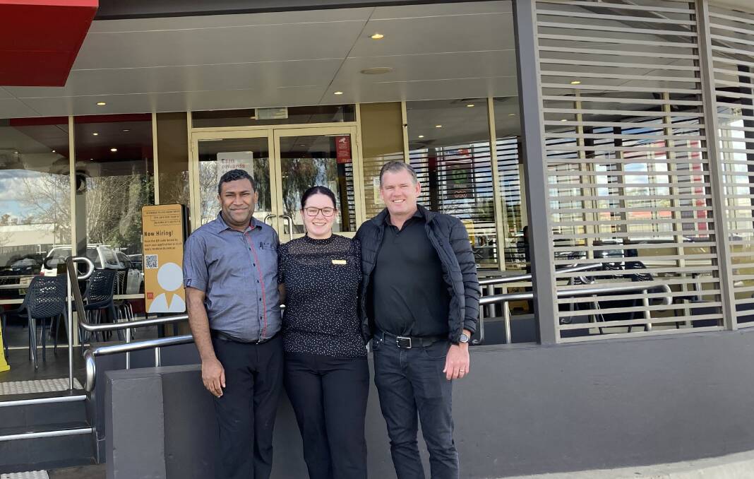 Savenaca Bokonaqiwa, Alicia Bradley and Matt Gidley - senior staff and the franchisee at McDonald's Griffith. Photo by Cai Holroyd