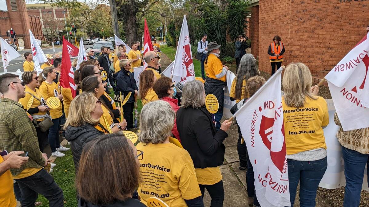 HEAR OUR VOICE: Teachers gathered at the Catholic Education Office to campaign for better pay, and attempt to create a better work-life balance. PHOTO: Contributed