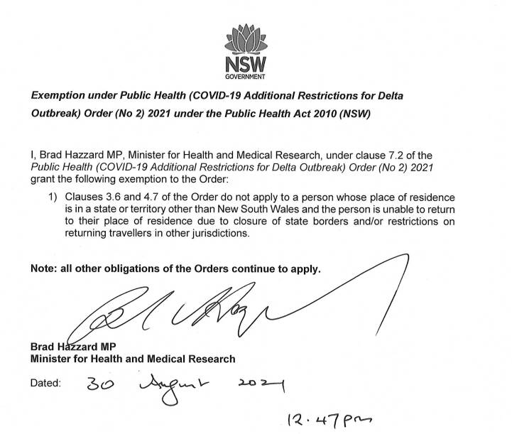 SIGNED AND SEALED: A copy of the exemption granted to the current Public Health Order. PHOTO: Supplied