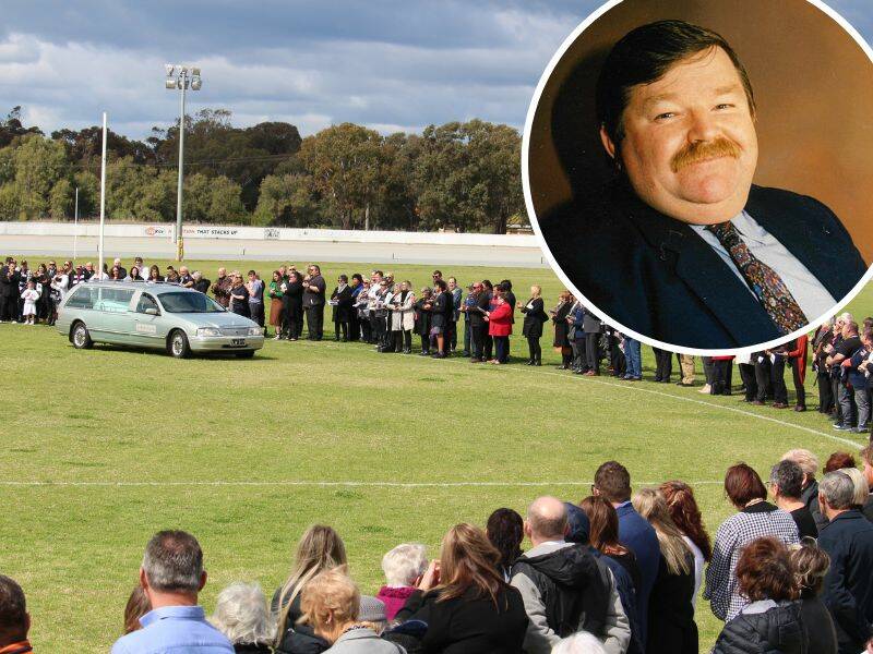 Tom Thompson's life was celebrated with a memorial service and a lap at the home of his beloved Leeton Whitton Crows. Photo by Vincent Dwyer, inset photo contributed.