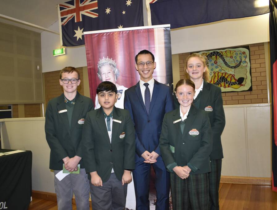 SCHOOL CAPTAINS: Kobe O'Callaghan, Ali Haider, Elizabeth "The Queen" Windsor, Eddy Woo, Taylah Axtill, and Amelia Irvin at Parkview Public School. PHOTO: Kenji Sato