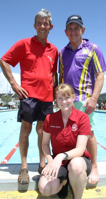 READY SET GO: John Gavel (left), Brian Munro (right) and Sam Tindal are hopeful residents will support this year's MS Mega Swim at the Leeton pool next month. 