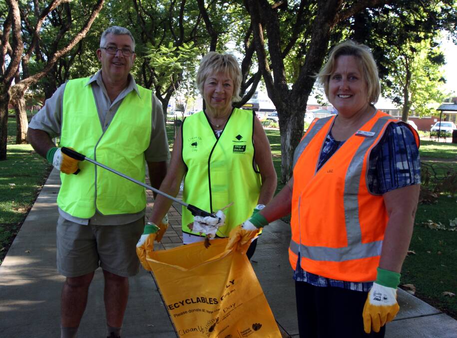 PICKING UP: Preparing for Clean Up Australia Day are (from left) councillor Peter Davidson, Tidy Towns member Anne Lepper and Leeton Shire Council's Kelly Tyson.