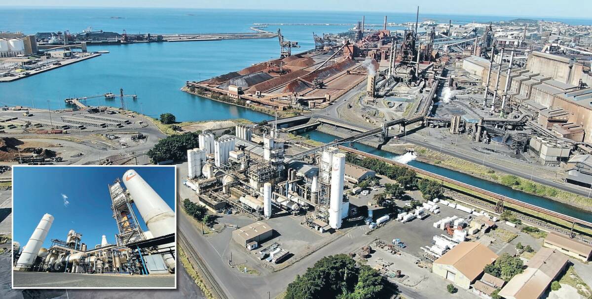 Gas: The Coregas plant (centre of main picture and inset) that sits within the Port Kembla steelworks provides medical oxygen for hospitals, with BlueScope's help. Pictures: BlueScope
