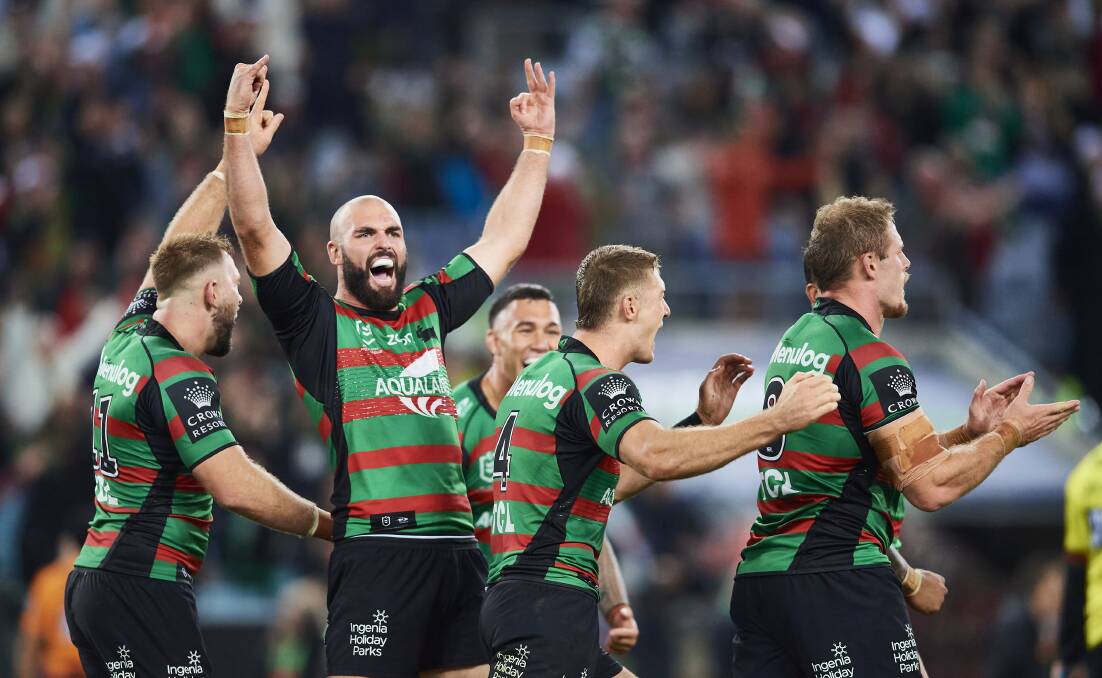 RELIABLE: Leeton product Mark Nicholls
celebrates a South Sydney win earlier this
season. Picture: Getty Images 