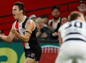 YOU BEAUTY: Leeton product Cooper Sharman celebrates after kicking a goal in St Kilda's win over Geelong last week. Picture: Getty Images