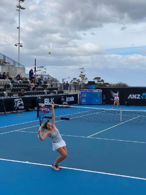 Boom: Jessica Fowler prepares to serve in Hobart International's qualifying draw. Picture: Facebook