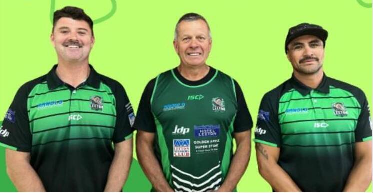 Leeton's new co-coaching partnership of Mick Thomas (left) and Shan Bradbrook (right) alongside club president Paul McGregor. Picture supplied