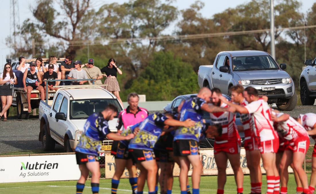 Nowra Bomadery and Temora players pack down for a scrum at this year's West Wyalong Knockout. Picture: Emma Hillier