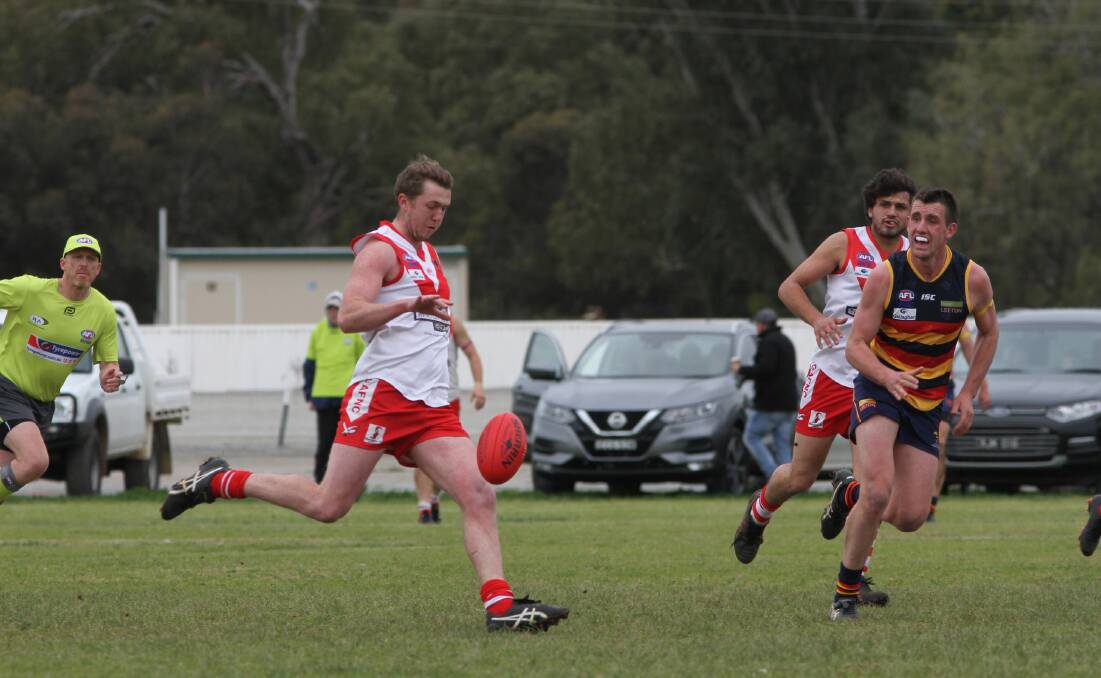 IN-FORM: Griffith's Jacob Conlan gets a kick away during the win over Leeton-Whitton at Leeton Showground on Saturday. Picture: Liam Warren