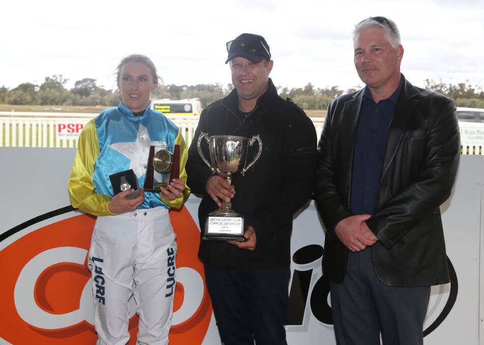 WINNERS: Apprentice jockey Courtney Gravener, trainer Luke Pepper and sponsor Antoine Corona after Gypsy Miss' win in the Leeton Cup on Saturday. Picture: Anthony Stipo