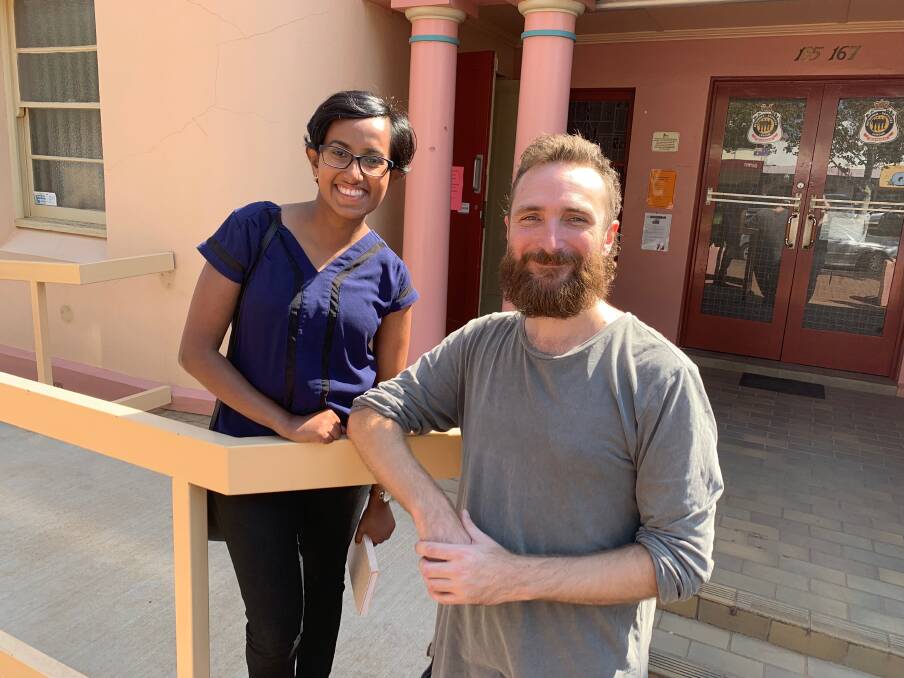 EARS OPEN:  Green's candidate for Murray Nivanka De Silva chats with Western Riverina Arts executive officer Derek Motion about potential support for arts funding after the state election. PHOTO: Jacinta Dickins
