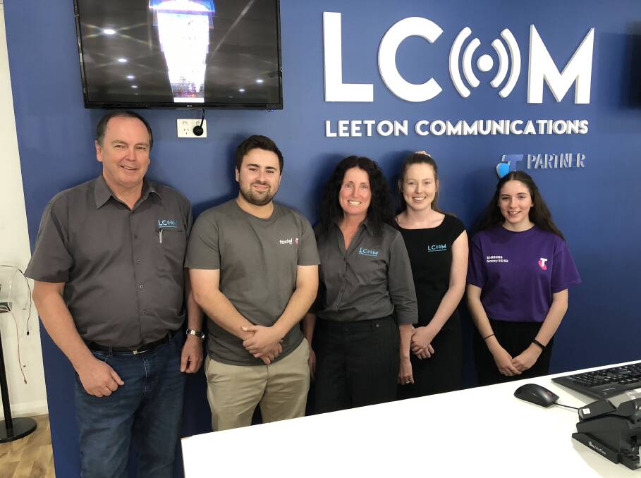 IN THE KNOW: Owner John Shutte (left) with LCOM - Leeton Communications staff members Darcy Single, Tania Mullins, Jess Geltch and Kate Balaz.