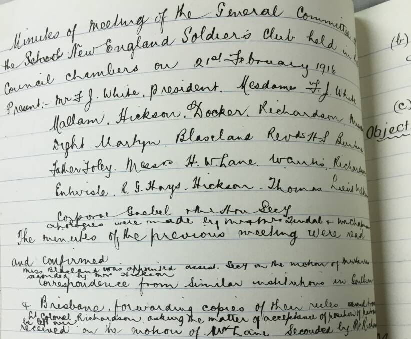 MINUTE RECORD: A page from one of the notebooks kept at The University of New England Heritage Centre. Archivist Bill Oates oversees hundreds of similar writings from the war years.